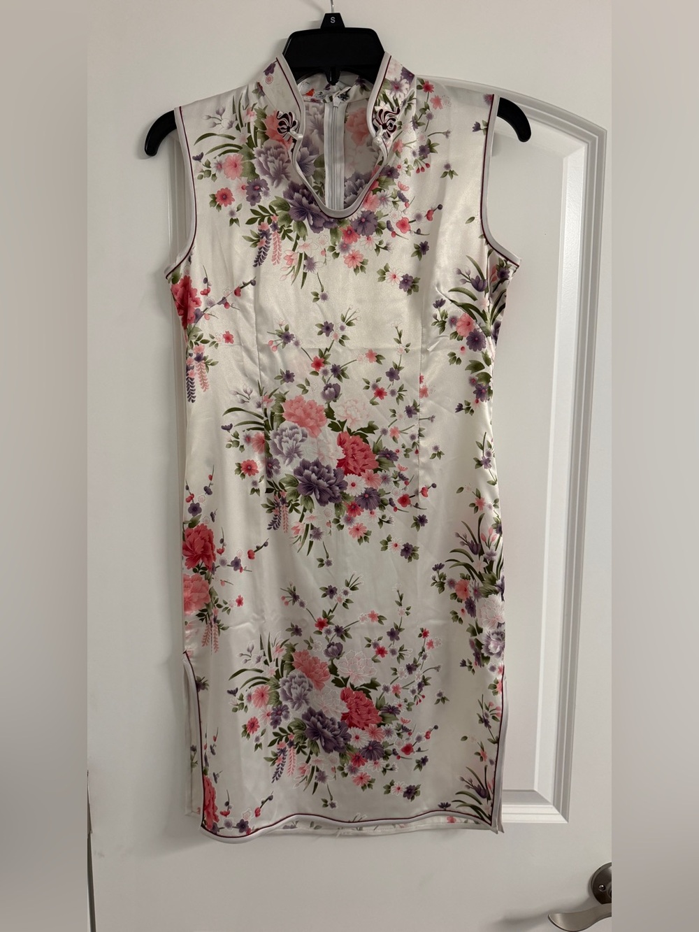 Floral Satin Sheath Dress in Cream with Pink & Purple Blossoms